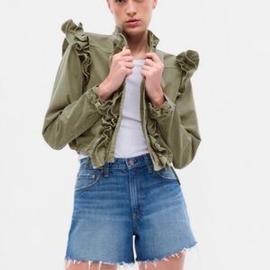 LoveShackFancy X Gap Ruffle Cropped  Utility Bomber Jacket Douglas Fir Green M